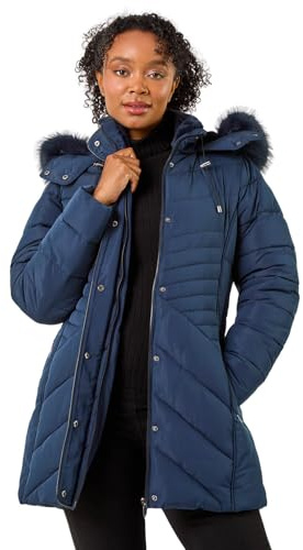 Roman Quilted Padded Coat for Women UK - Ladies Parka Winter Jacket Faux Fur Trim Hooded Short Autumn Waterproof Water Resistant Everyday Holiday Comfy Work