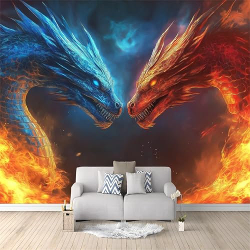 Photo Wallpaper Murals Fantasy Dragons Flames Non-Woven Wallpaper, Blue Red Wall Paper Roll for Living Room Bedroom Adults Teenager Feature Wall Home Decoration, 99 x 69/250 x 175 cm(WxH)