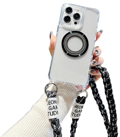 Emlivi Magnetisch Handykette Hülle für iPhone 15 Kabelloses Laden Necklace Handyhülle Silikon TPU Case Cover mit Kordel zum Umhängen Stoßfest Schutzhülle mit Band für iPhone 15, Schwarz