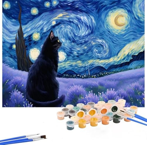 Sternenhimmel Malen Nach Zahlen Katze Malen Nach Zahlen Erwachsene 40x50cm,DIY Paint by Numbers mit Pinseln und Acrylfarbe Handgemalt Ölgemälde Leinwand für Zimmer Deko,Ohne Rahmen,Geschenk Hs-189
