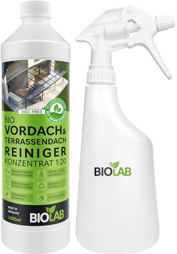 BIOLAB Vordach & Terrassendach Reiniger Konzentrat 1:20 (1 Liter plus Sprühflasche) auch für Wintergarten, Glasdach, Terrassenüberdachung geeignet