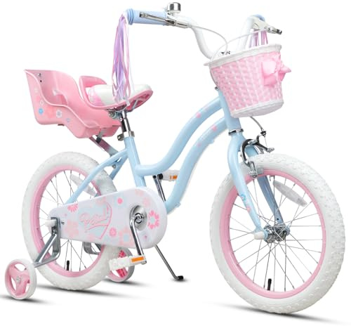 Glerc Petals 12 14 16 Zoll Kinderfahrrad Prinzessinnen-Stil für 2-8 Jahre alte Mädchen, mit Lenkerquasten & Korb & Stützrädern,Rosa/Blau/Lila/Pfirsichfarben