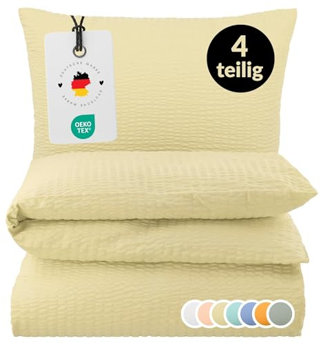 Carpe Sonno Seersucker Bettwäsche 135x200 cm 2er-Pack Baumwolle – Beige | Kühlende Sommerbettwäsche mit Reißverschluss, bügelfrei | Deckenbezug + Kissenbezug 80x80 | ganzjährig, pflegeleicht