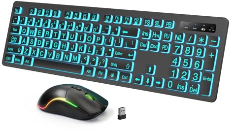 Backlit Large Print Wireless Keyboard and Mouse Combo, 2.4G Full Size Keyboards with Light Up Large Keys, Oversize Letters Keys Easy to See and Type, Quiet Keyboard Mouse for Windows, Laptop, PC
