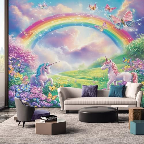 Unicorn Rainbow Wallpaper Mural, Fairy Tale Wall Mural, Non-woven Print Photo Wallpaper for Bedroom Living Room Decor 200x140 cm XGZ60