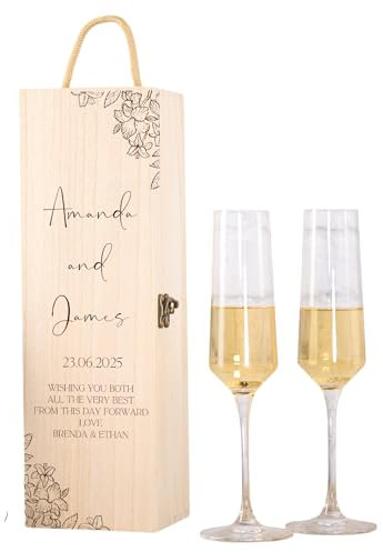 ukgiftstoreonline Personalised Wooden Wine Gift Box, Wedding Champagne Presentation Case, Floral Design, 11 cm x 35 cm