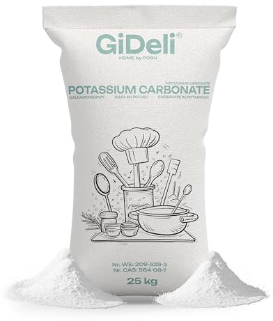 GiDeli Kaliumcarbonat 25 kg - Pottasche K2CO3 100% Rein und Ohne Zusatzstoffe - E 501 Perfekt Löslich in Wasser - Teiglockerungsmittel von Außergewöhnlicher Vielseitigkeit