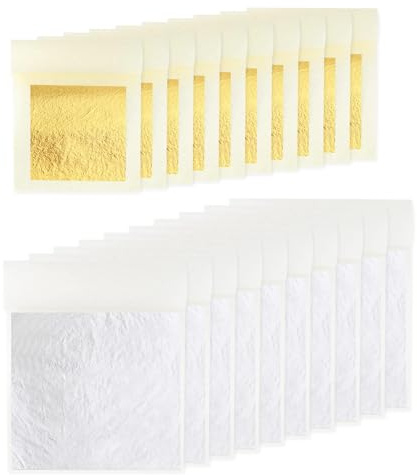 KINNO Goldfolie, Echte Blattgold Essbar 10 Blatt 24 Karat Gold Blätter Essbar 4.33 X 4.33cm und Essbare Blattsilber 11 X 11cm Lebensmittel Kuchen Backen Torten Dekorfolie Kunsthandwerk 10 Blatt