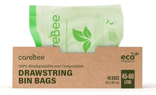 CareBee Drawstring Bin Bags –Heavy Duty Rubbish Bags with Easy-Tie Handles –Leakproof, Tear-Resistant & Odour-Control –Ideal for Home, Kitchen, Office & Outdoor Use (45-60L, 40 Pack)