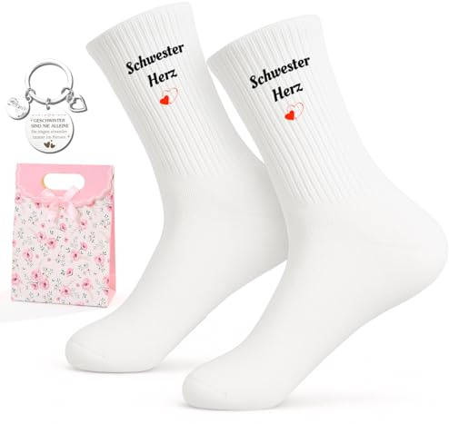 PIujsym Schwester Geschenk Set mit Baumwollsocken Größe 36-44 und Schlüsselanhänger Liebevolle Geschenke für Schwester Ideal als Geschenk, Zum Geburtstag und als Warmes Geschwister