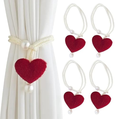 KASESSS 4 Stück Vorhang Raffhalter, Plüschherz Raffhalter für Vorhänge, Gardinenband, Raffhalters für Gardinen Dekorativ, Perle Vorhang Halter, Vorhanghalter für Zuhause, Büro, Fenster Dekorativ
