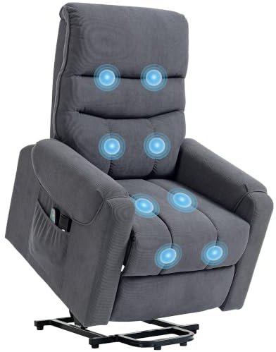 HOMCOM Sillón Relax Reclinable Eléctrico Levanta Personas Masaje Gris | Sillón Elevador con 8 Puntos de Masaje, 2 Controles Remotos, Tapizado en Pana, Reposapiés, Acolchado Grueso, Bolsillo Lateral