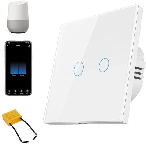 WIFI Smart Touch Light Switch, Touch Wall Switch 2 Gang 1 Way with Tempered Glass Panel and LED Backlight, White Single Light Switch Compatible with Alexa Google Home Tuya (White)