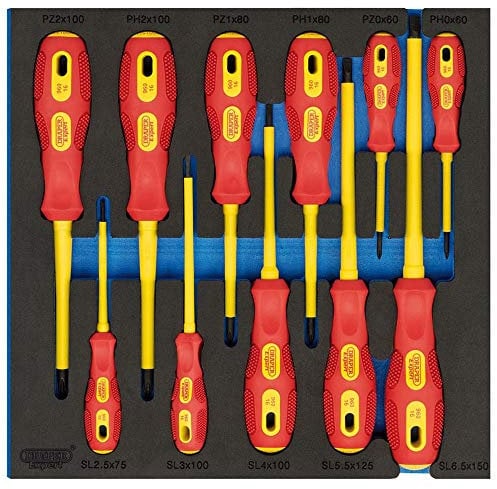 Draper 63379 VDE Screwdriver 11 Piece Set in 1/2 Eva Insert Tray , Blue