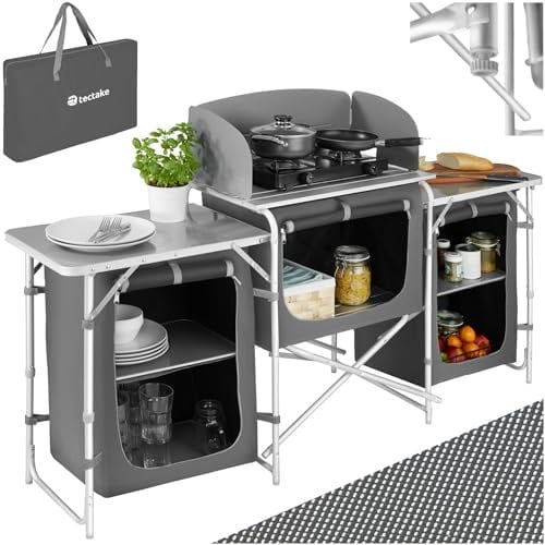 TecTake® Meuble de Rangement Cuisine de Camping Pliable XXL en Aluminium, avec 5 Étagères, Plan de Travail, Pieds réglables, Sac de Transport Inclus, Stockage pour Vaisselle, Accessoires Cuisine
