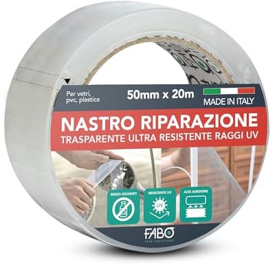 Fabo Nastro per Riparazione Trasparente 20m X 50mm. Ideale per Plastica, PVC, Vetri, Plexiglass, Zanzariere, Teli, Fari, Parabrezza. Resistente ai Raggi UV