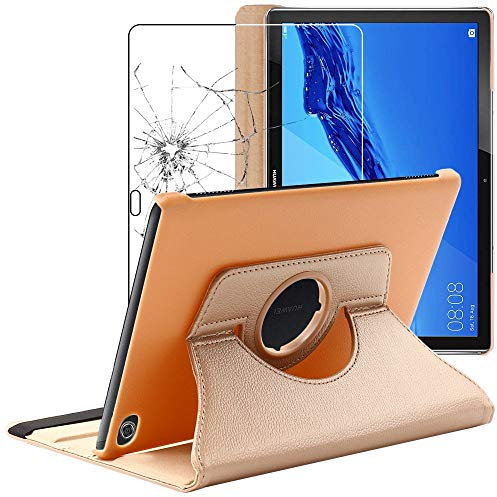 ebestStar - for Huawei MediaPad M5 Lite 10.1 Case Tablet 10.1, Cover 360 Rotating Protection, PU Leather, Gold + Glass Screen Protector