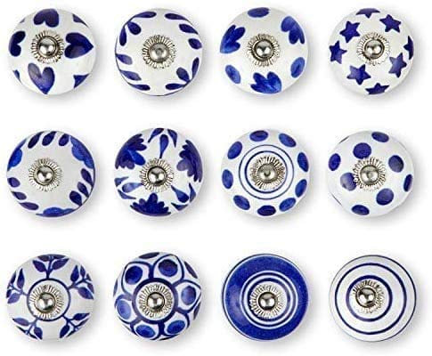 Blau & Weiß Keramik Türgriffe Vintage Shabby Chic Schrank Schublade Zuggriffe Lot von 12 Stück