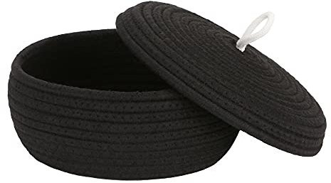 Sea Team Round Cotton Rope Storage Basket with Lid, Decorative Woven Storage Bin, Pot, Caddy, Organizer, Container for Snacks, Towels, Plants, 10 x 4.5 Inches (Small, Shallow, Black)