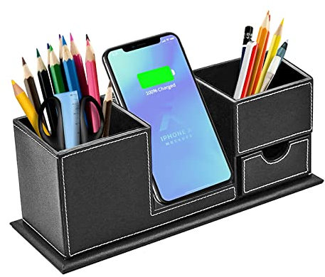 Desk Organizer with Fast Wireless Charger and Pen Holder, Qi Certified Charging Dock Stand Station for iPhone 16/15/15 Pro/14/14 Pro Max/14 Pro/14 Plus/13/13 Pro Max/13 Pro/and iPhone 12/11 Series.