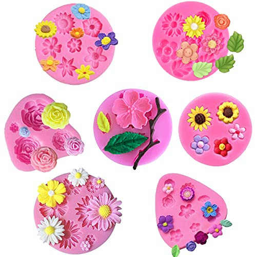 Vpqnee Juego de 7 moldes para fondant de flores, mini moldes de silicona para chocolate, dulces para pasteles, decoración de cupcakes, pasteles, arcilla polimérica, proyectos de manualidades,