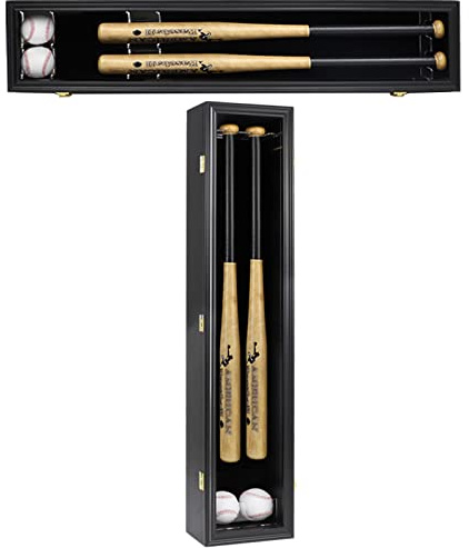 HOROW 2 Baseball Bat Display Case Wooden Frame with Acrylic Transparent Door Holder Rack Cabinet Wall Mounted Shadow Box Vertical or Horizontal, w/98% UV Protection-Lock