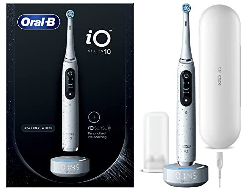 Oral-B Wiederaufladbare elektrische Zahnbürste iO 10, Drucksensor, interaktives Display, künstliche Intelligenz mit Live Coaching, 1 Bürstenkopf, 1 Zahnbürste, Reiseetui, Weiß, Geschenkidee
