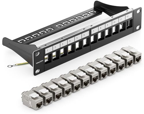 deleyCON 12 Ports Panneau de Brassage CAT 8 Kit Panneau de Distribution 10 Pouces 1UH + 12x RJ45 Modules Keystone Jack CAT8 40 Gbit/s 2000 MHz Compatibles avec Câbles d'Installation CAT7 CAT-8
