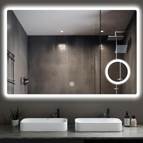Heilmetz Bathroom Mirror with LED Lights, 1000 x 700mm Bathroom Wall Mirror with Demister, Illuminated LED Mirrors with Shaver Socket and 3x Magnification, 6500k Vertical