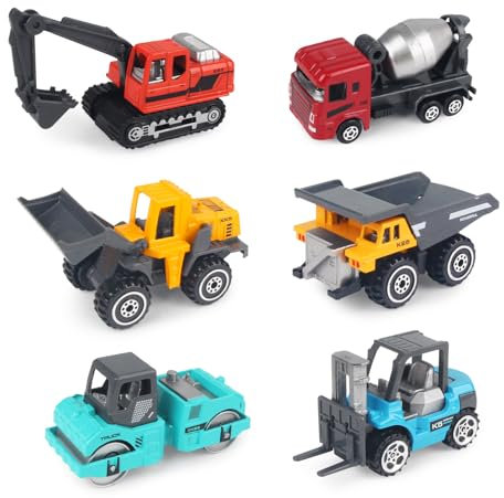 Joyfia Set di 6 mini giocattoli da costruzione, per bambini, ragazze, compleanni, Natale, età 3+, per bambini, bulldozer, escavatore, carrello elevatore, giocattolo decorativo per torte