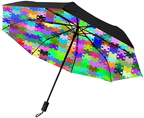 GISPOG Automatischer, faltbarer Regenschirm, bunter Puzzlestern, wasserdicht, kompakt, Sonnen- und Regenschirme, einfarbig, Einheitsgröße