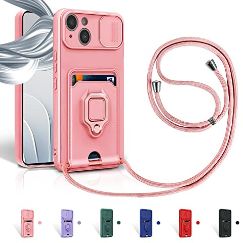 Aithne Funda con Cuerda para iPhone 14 Plus Case con Ranura para Tarjetas,360 Anillo función de Soporte Cubierta -Pink