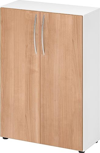 bümö Mehrzweckschrank 80cm breit, Aktenschrank o. Schuhschrank klein, Schrank mit Regal, Kommode in Weiß/Nussbaum aus Holz, Vorratsschrank & Haushaltsschrank mit Metallgriffen