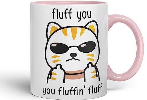 Vixar Fluff You Cat Joke Adult Ceramic Mug Coloured Mug Cup Gift Tea Coffee Christmas Office Home (Pink)