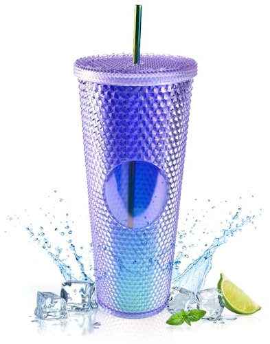 Gobelet Plastique Réutilisable avec Paille et Couvercle, 710ml Mug de Voyage Tasse en plastique à double paroi tasse à eau en paille réutilisable pour le café glacé ou l'eau à emporter, Violet Vert