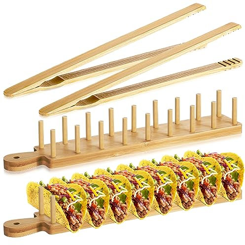 Kigley 4 soportes de madera para tacos de bambú con soporte para tacos con asa, estante de madera para tacos, cada uno tiene capacidad para 8 carcasas suaves o duras para embutidos, alimentos, cocina,