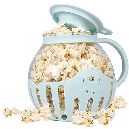 MMUGOOLER Glass Microwave Popcorn Popper, 2.25QT Original Popcorn Jar with Silicone Lid, Without BPA, Dishwasher Safe- Blue