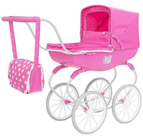 Dolly Tots Puppenwagen | Traditioneller Puppenwagen in Pink | Hochwertiger englischer Wagen mit klassischer Karosserie | Kinderwagen mit weißen Rädern & passender Tasche | Alter 3+.