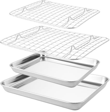 WOPPLXY Juego de 2 bandejas para hornear con rejilla, 26,5 x 20,5 x 2,5 cm y 23,5 x 17,5 x 2,5 cm, acero inoxidable, para asar, hornear, servir