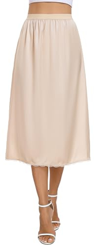 Vlazom Damen Satin Unterrock Lang Rock Petticoat mit Spitze Elastische Taille Halbe Slips für Unterkleider