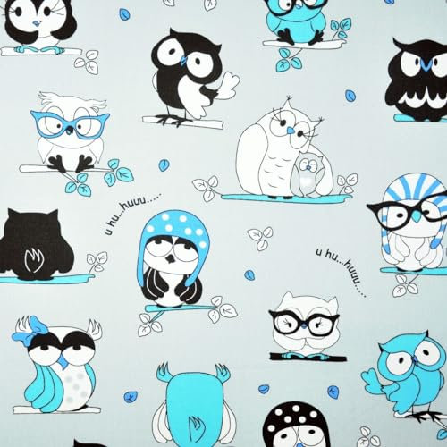 Hochwertiger bedruckter Stoff für kreative Nähprojekte | Baumwollstoffbündel mit Print | Bedruckte Baumwolle mit Tiermuster (Verrückte blaue Eulen auf grauem Hintergrund)