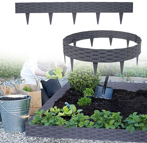 LARS360 10 m Rasenkante mit 10 Elemente á 100 cm Biegbarer Kunststoff in Rattan Design Beeteinfassung Beetumrandung Rasenkante Gartenpalisade Beetzaun Palisaden (10 Stück, Grau)