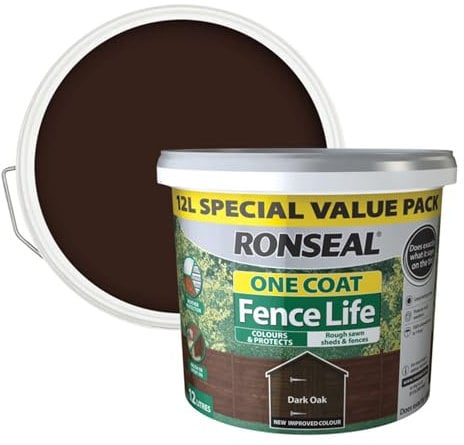 SAVING HUB One Coat Fence Life Paint - Garden Shed & Fence Paint - for Rough Wood - Trellis, Sheds & Wooden Structures - Showerproof in 1 Hour (Dark Oak, 12 Liter)