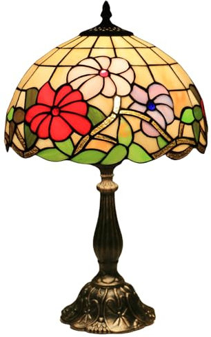 FUMAT Tiffany Tischlampe, 12 Zoll Retro Lampe, Vintage Nachttischlampe, Deko Tischleuchte, Handcraft Bunte Glas Lampenschirm, Blume Muster, Mit E27 LED Glühbirne, für Schlafzimmer Wohnzimmer Büro