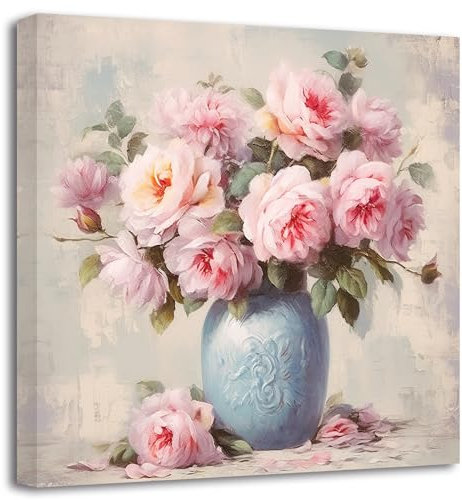 ZXHYWYM Rustikale Badezimmerbilder Pfingstrosen Blumenstrauß Bilder ländliche rosa Blumenvase botanische Leinwanddrucke Bauernhaus Küchendekor Kunstwerk (Bild-4, (30.00 x 30.00 cms))