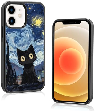 Onemiliayears Cute Starnight Cat Phone Case, Van Gogh Cute Cat Pattern iPhone 12 Mini Case, Non-Slip Design and Shock Absorption, Phone Case for Teen Girls, Boys, Women and Men(iPhone - 12 Mini)