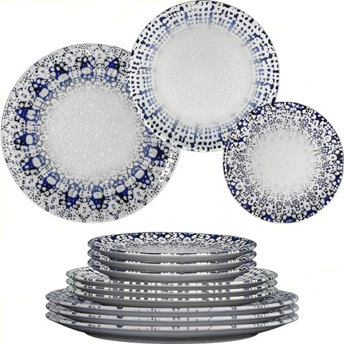 Sicignano | Juego de 12 platos de porcelana Sevilla con decoración en relieve de alquimia azul Ø21/26/31 cm, servicio para 4 personas – Compatible con lavavajillas microondas, resistente a los cortes,