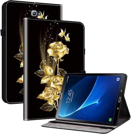 Rosbtib Funda para Samsung Galaxy Tab A 10,1 Pulgadas 2016 SM-T580/ T585, Funda Trasera de TPU de Cuero de PU Premium con Función de Soporte - Rosas Mariposa Doradas