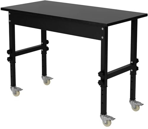 TANGZON 10-Level Height Adjustable Workbench, Heavy Duty Metal Frame Wide Bamboo Top Rolling Garage Work Bench with 4 Lockable Universal Wheels, Indoor Outdoor Large Workstation (Black)