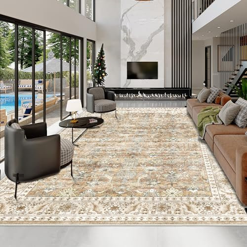 HOMFINE Beige Braun Vintage Teppich Wohnzimmer 120x170 cm Waschbarer Kurzflor Boho Teppiche Weich rutschfest Groß Retro Rugs for Living Room Carpet for Schlafzimmer Esszimmer Küche